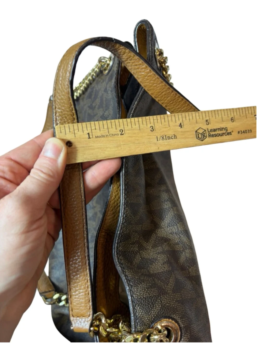Michael Kors Brown Signature Logo Chain Shoulder Tote Bag Leather Trim